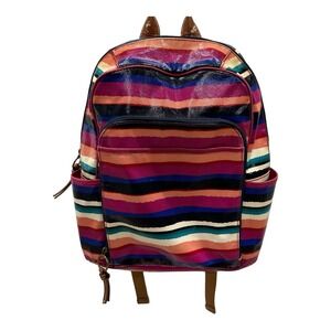 FOSSIL‎ Campus Backpack Multicolor Stripe Coated Canvas Book Bag Pink *flaw